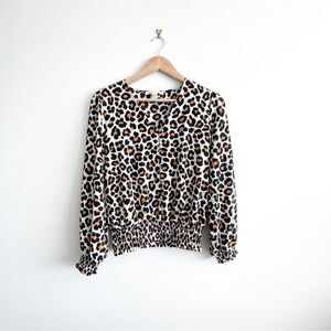 MICHAEL Michael Kors Leopard Long Sleeve Smocked Top Blouse Buttons Women's M